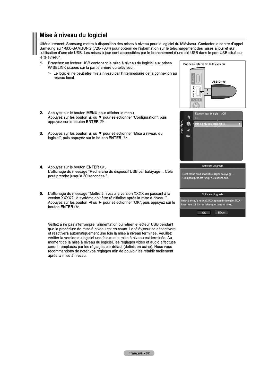 Samsung LN52A650A1F user manual Mise à niveau du logiciel, Configuration Économiseur énergie Off, OK Effacer 