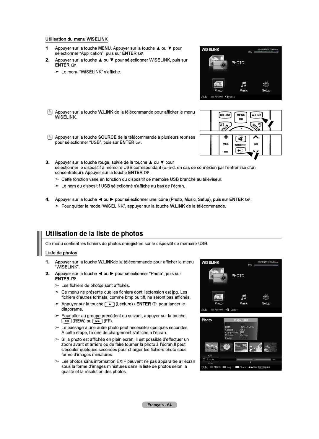 Samsung LN52A650A1F user manual Utilisation de la liste de photos, Utilisation du menu Wiselink, Liste de photos 