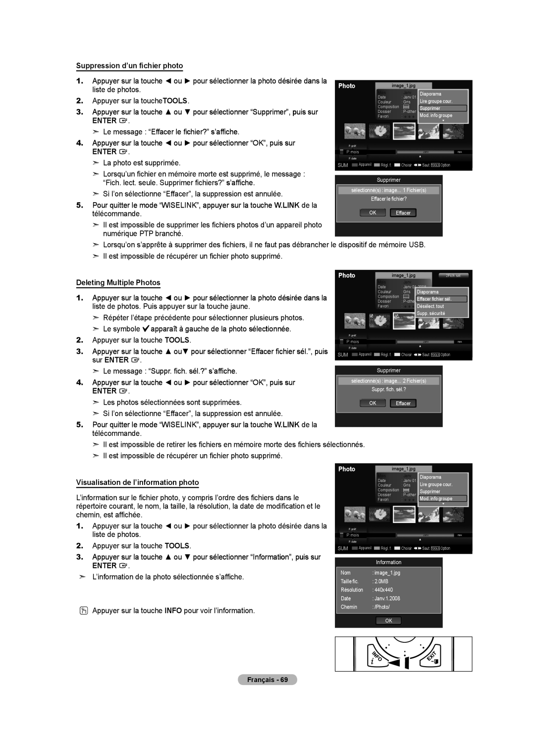 Samsung LN52A650A1F user manual Suppression d’un fichier photo, Le message Effacer le fichier? s’affiche 