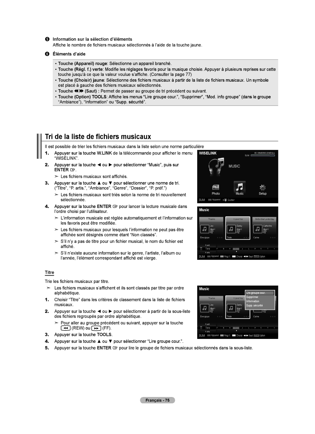 Samsung LN52A650A1F user manual Tri de la liste de fichiers musicaux, Les fichiers musicaux sont affichés, Titre 