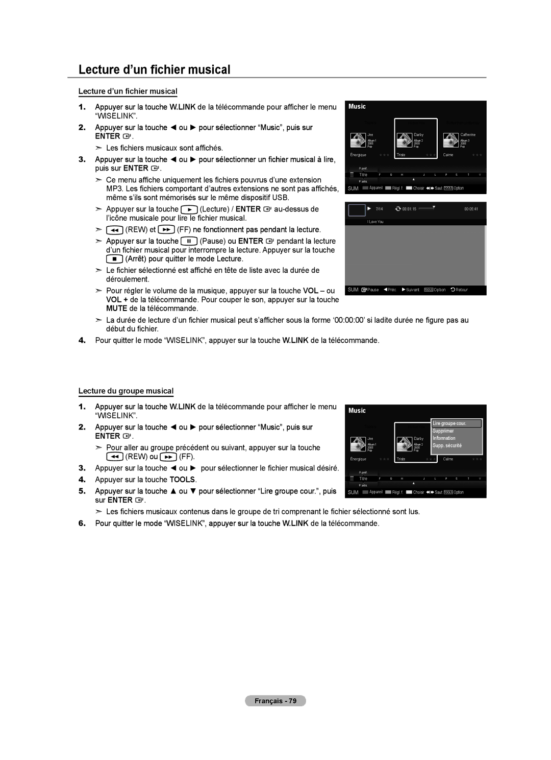 Samsung LN52A650A1F Lecture d’un fichier musical, ’icône musicale pour lire le fichier musical, Lecture du groupe musical 