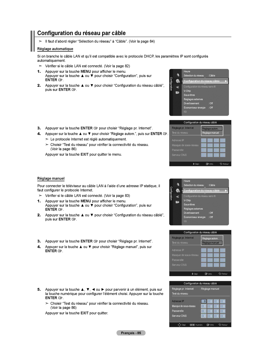 Samsung LN52A650A1F Configuration du réseau par câble, Il faut d’abord régler Sélection du réseau à Câble. Voir la 