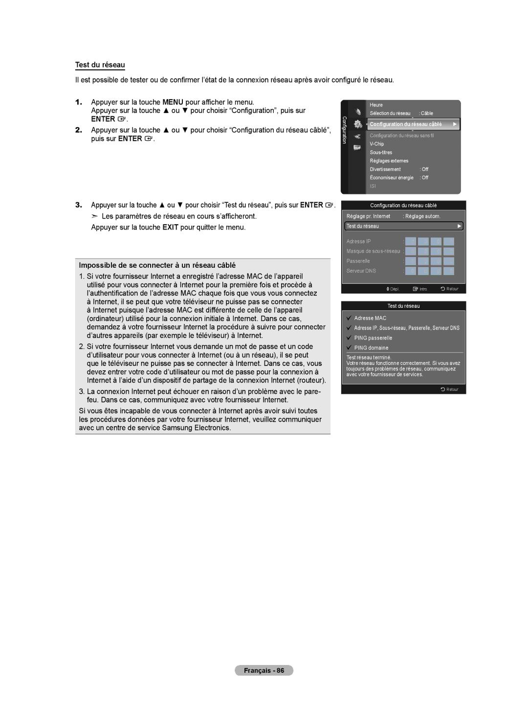 Samsung LN52A650A1F user manual Test du réseau, Impossible de se connecter à un réseau câblé, Réglage autom 