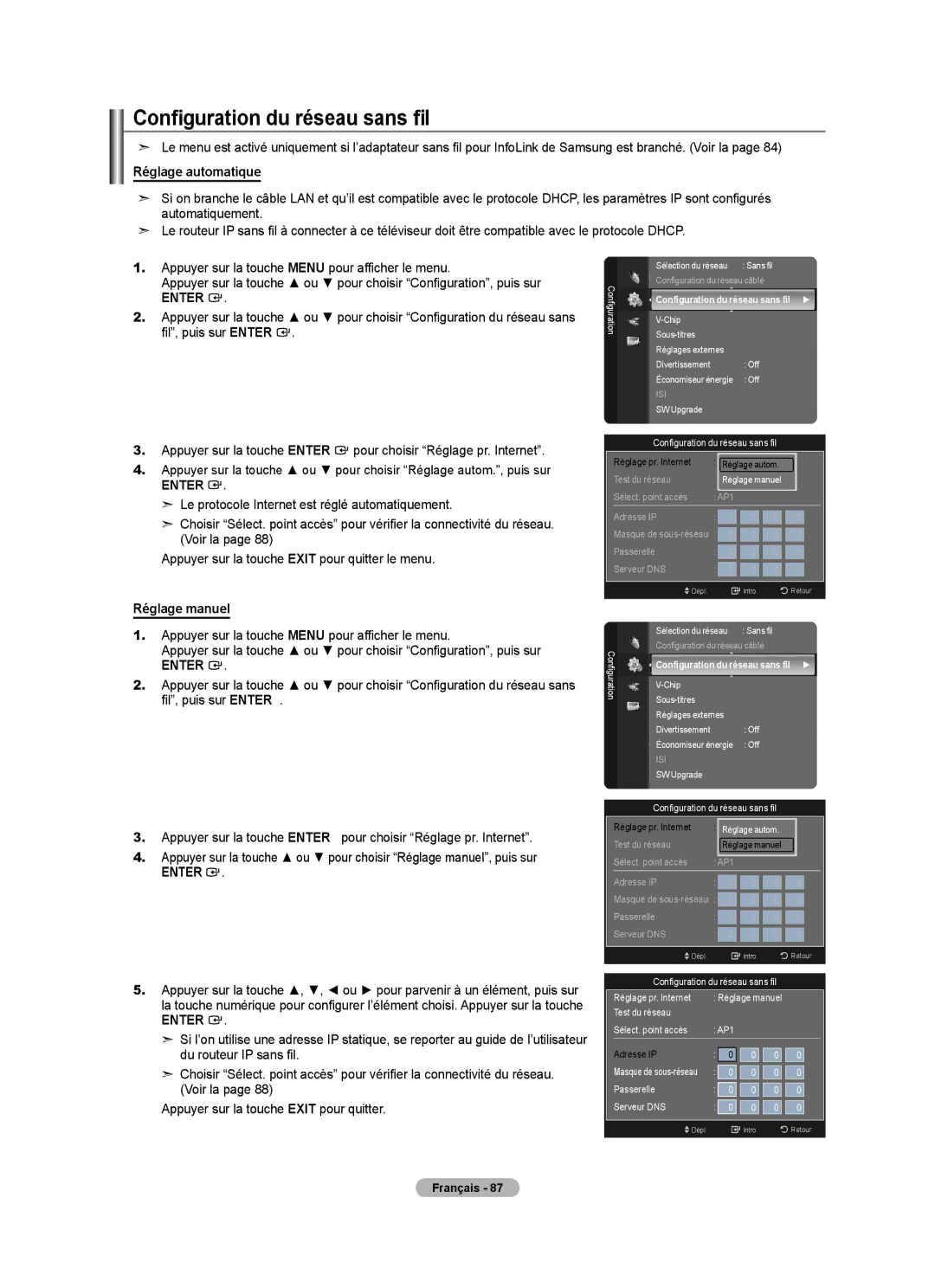 Samsung LN52A650A1F user manual Configuration du réseau sans fil 