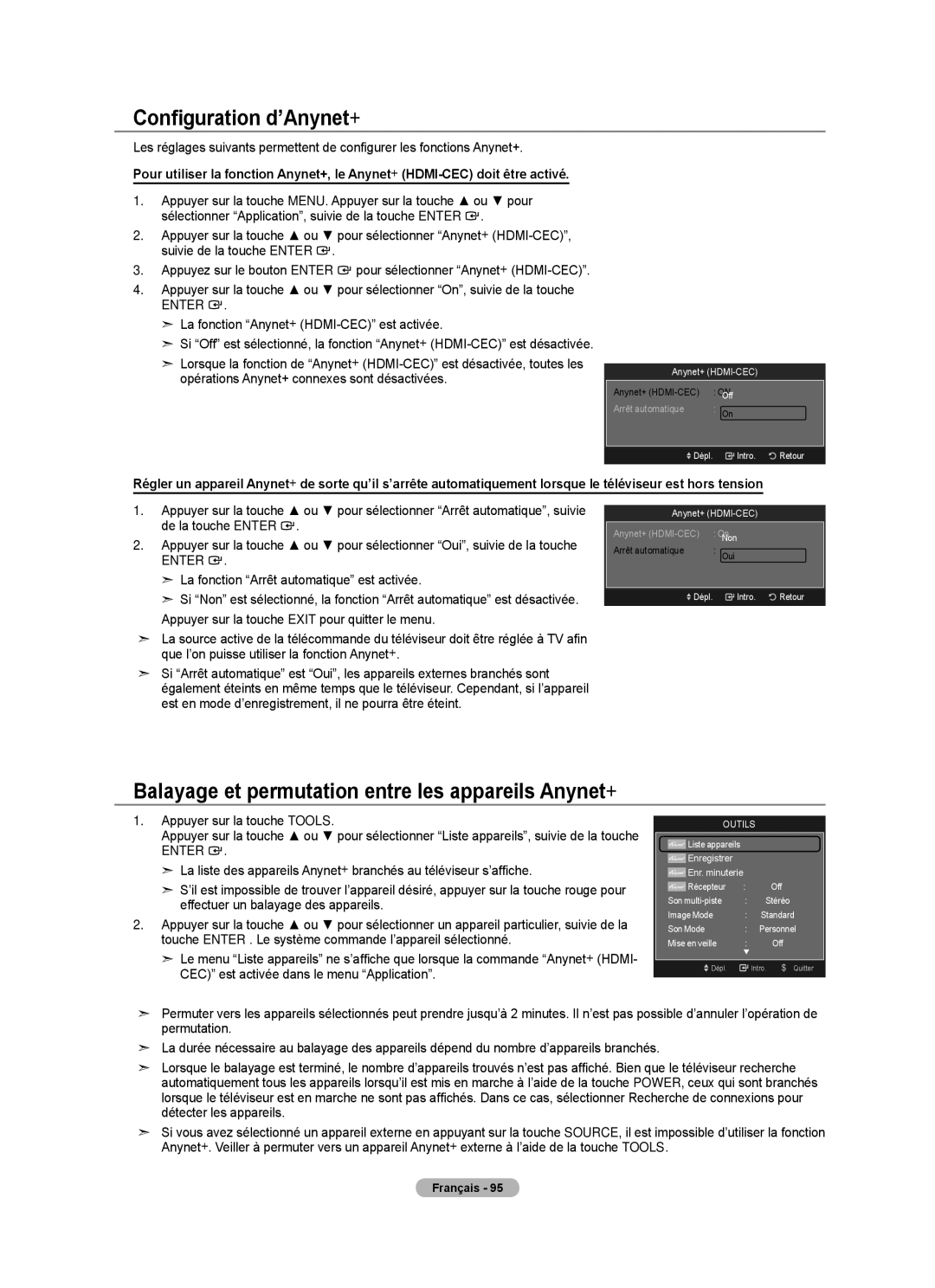 Samsung LN52A650A1F user manual Configuration d’Anynet+, Balayage et permutation entre les appareils Anynet+ 