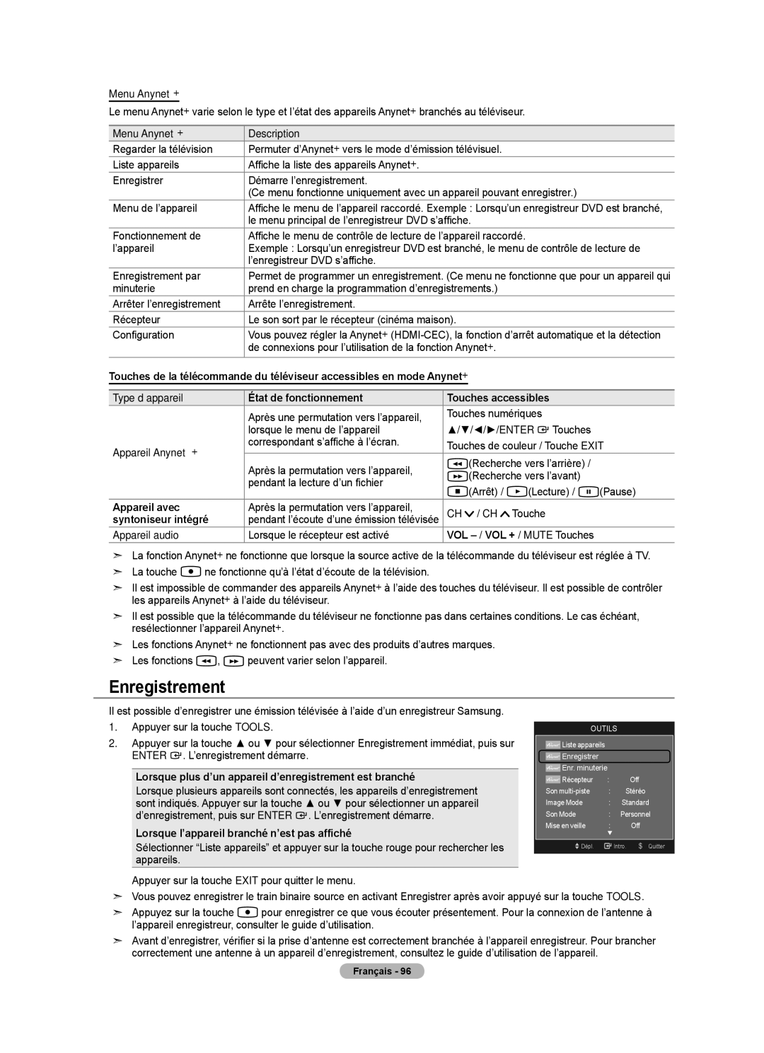 Samsung LN52A650A1F user manual Enregistrement 