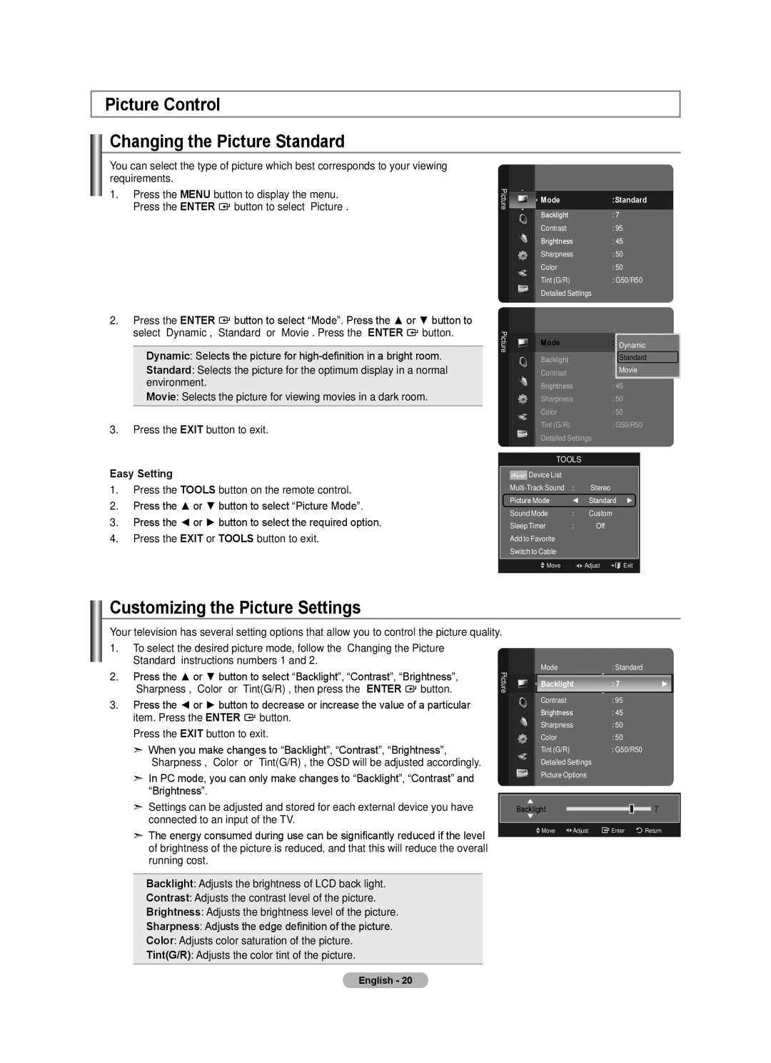 Samsung LN52A650A1F Picture Control Changing the Picture Standard, Customizing the Picture Settings, Mode Standard 