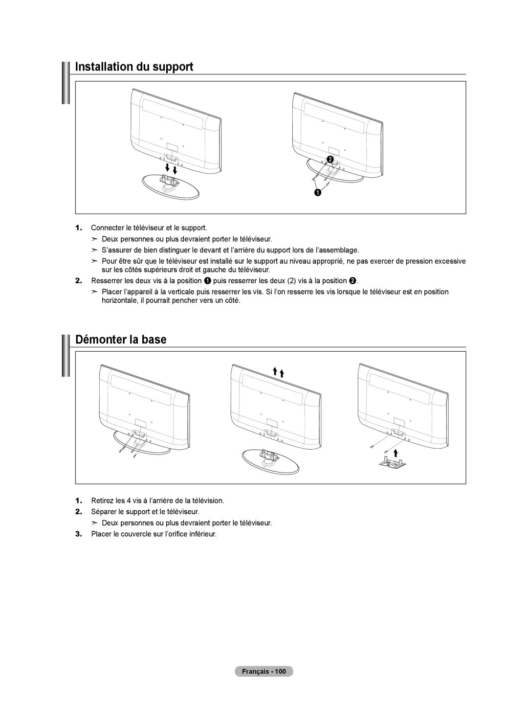 Samsung LN52A650A1F user manual Installation du support, Démonter la base 