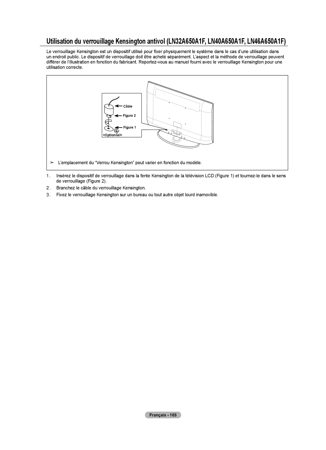 Samsung LN52A650A1F user manual Câble Optionnel 