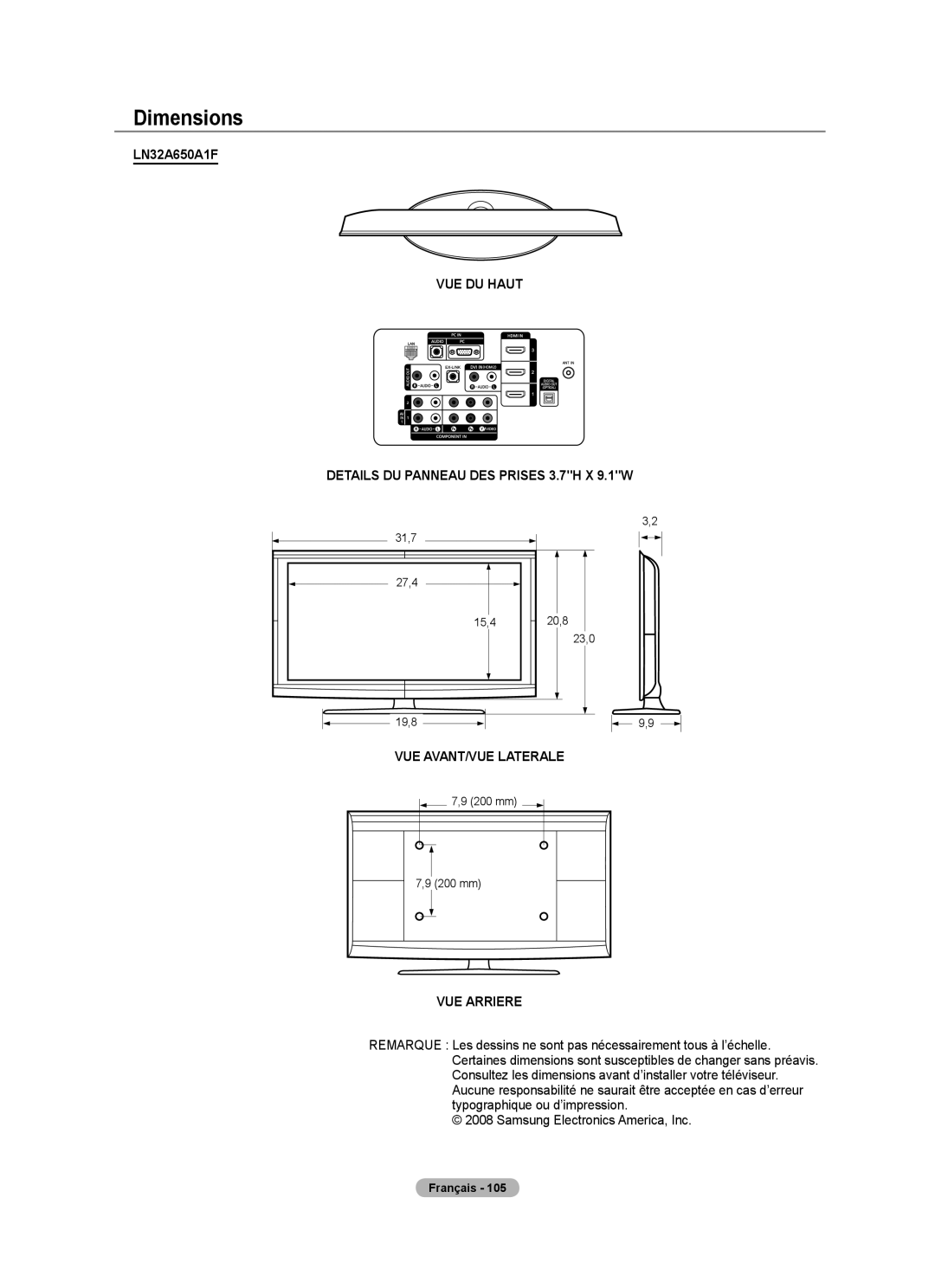 Samsung LN52A650A1F user manual VUE DU Haut Details DU Panneau DES Prises 3.7H X 9.1W 