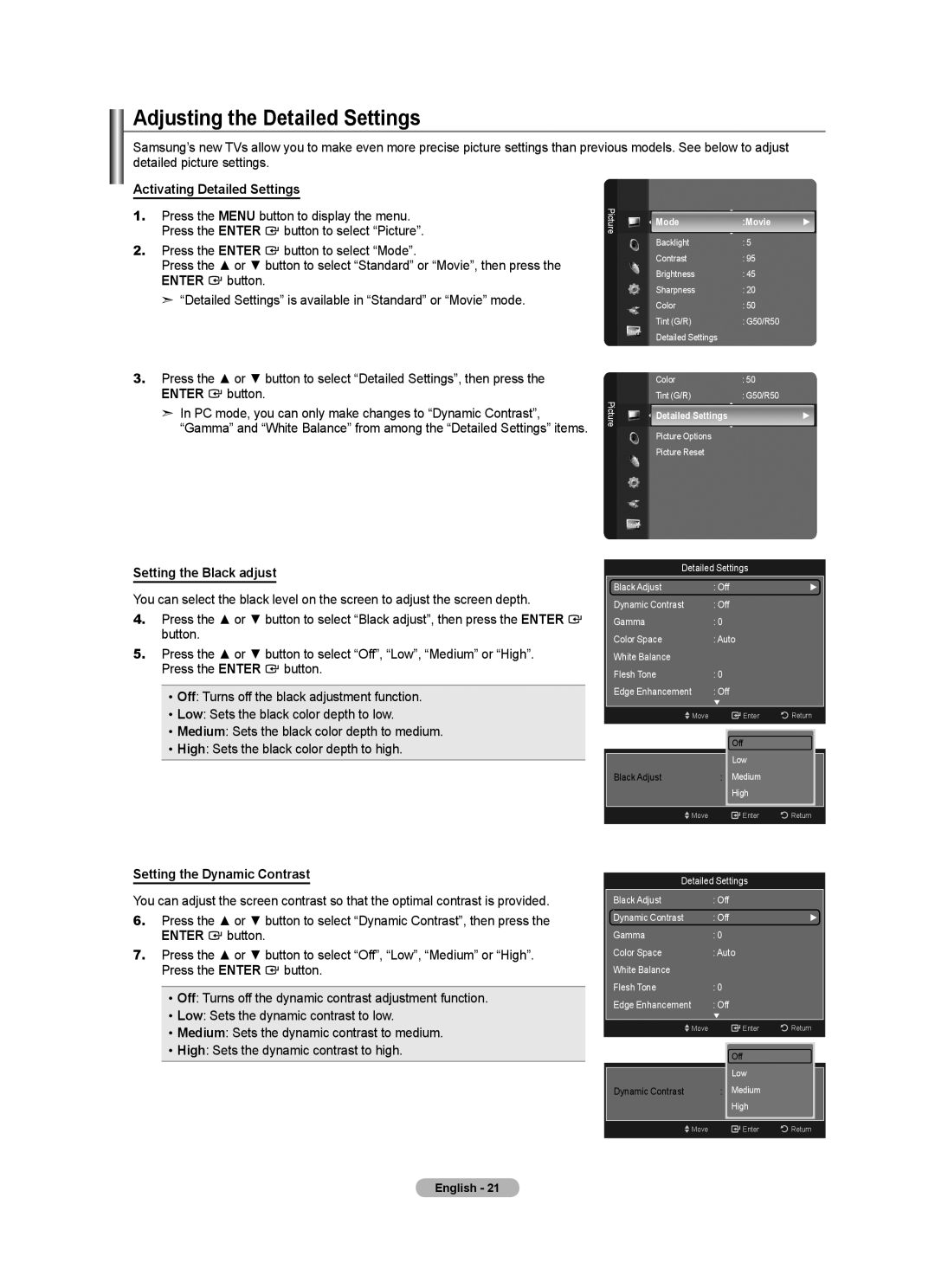 Samsung LN52A650A1F user manual Adjusting the Detailed Settings, Activating Detailed Settings, Setting the Black adjust 