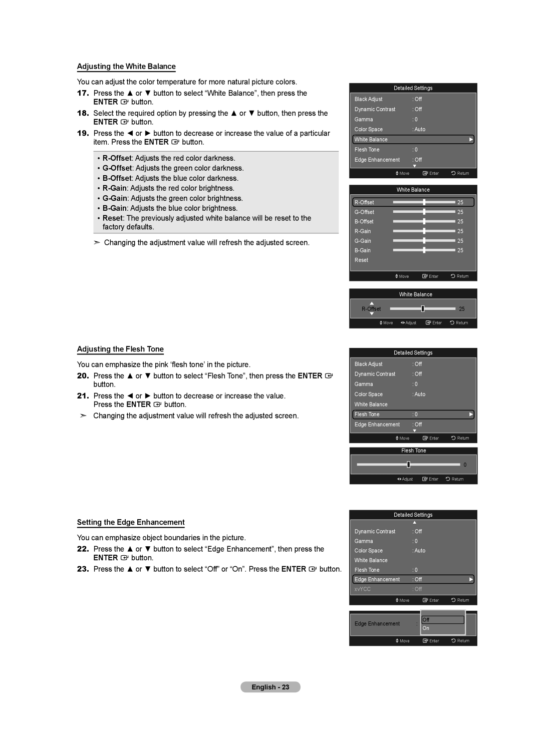 Samsung LN52A650A1F user manual Adjusting the White Balance, Adjusting the Flesh Tone, Setting the Edge Enhancement 