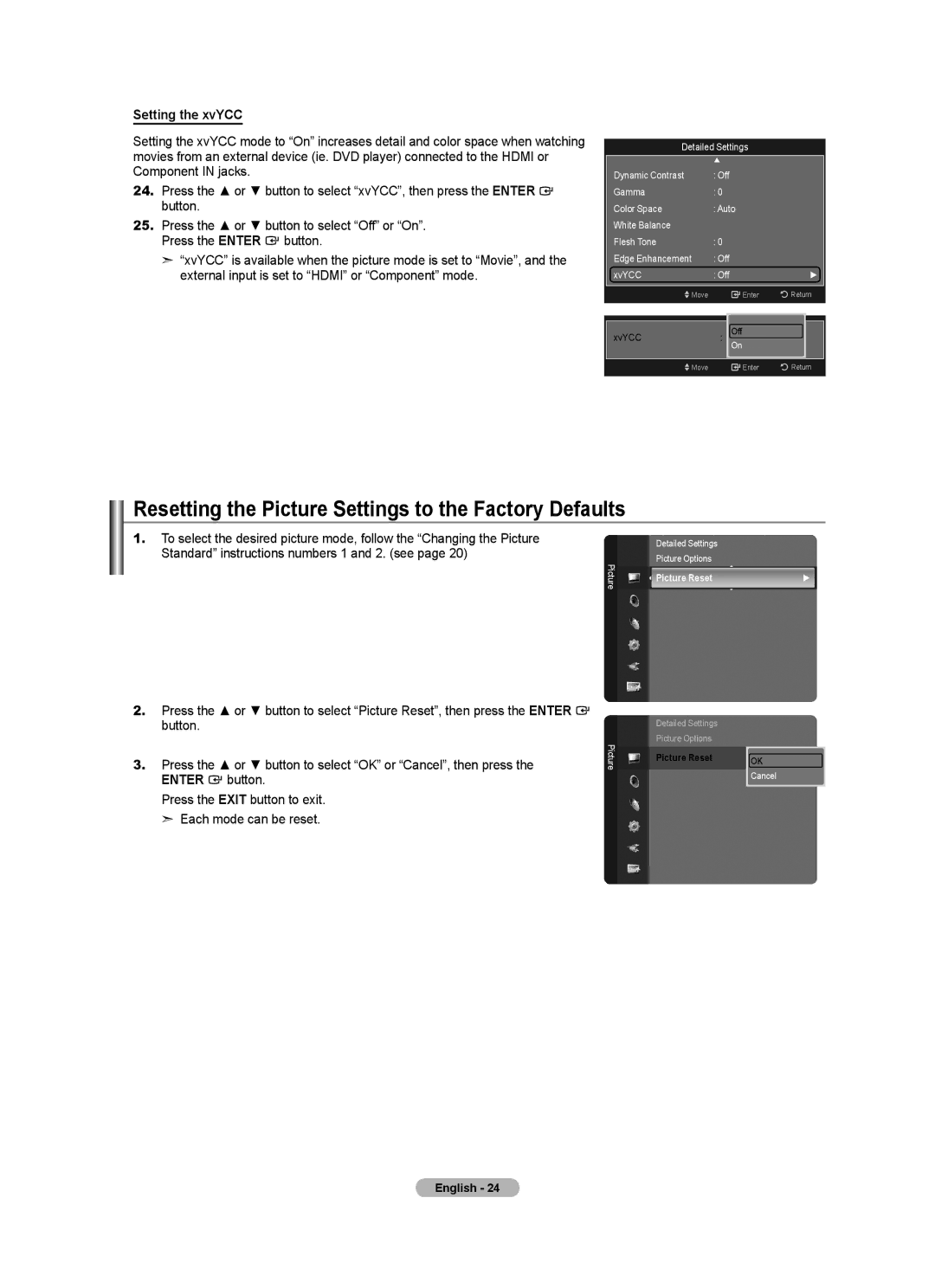 Samsung LN52A650A1F Resetting the Picture Settings to the Factory Defaults, Setting the xvYCC, Picture Reset, Cancel 