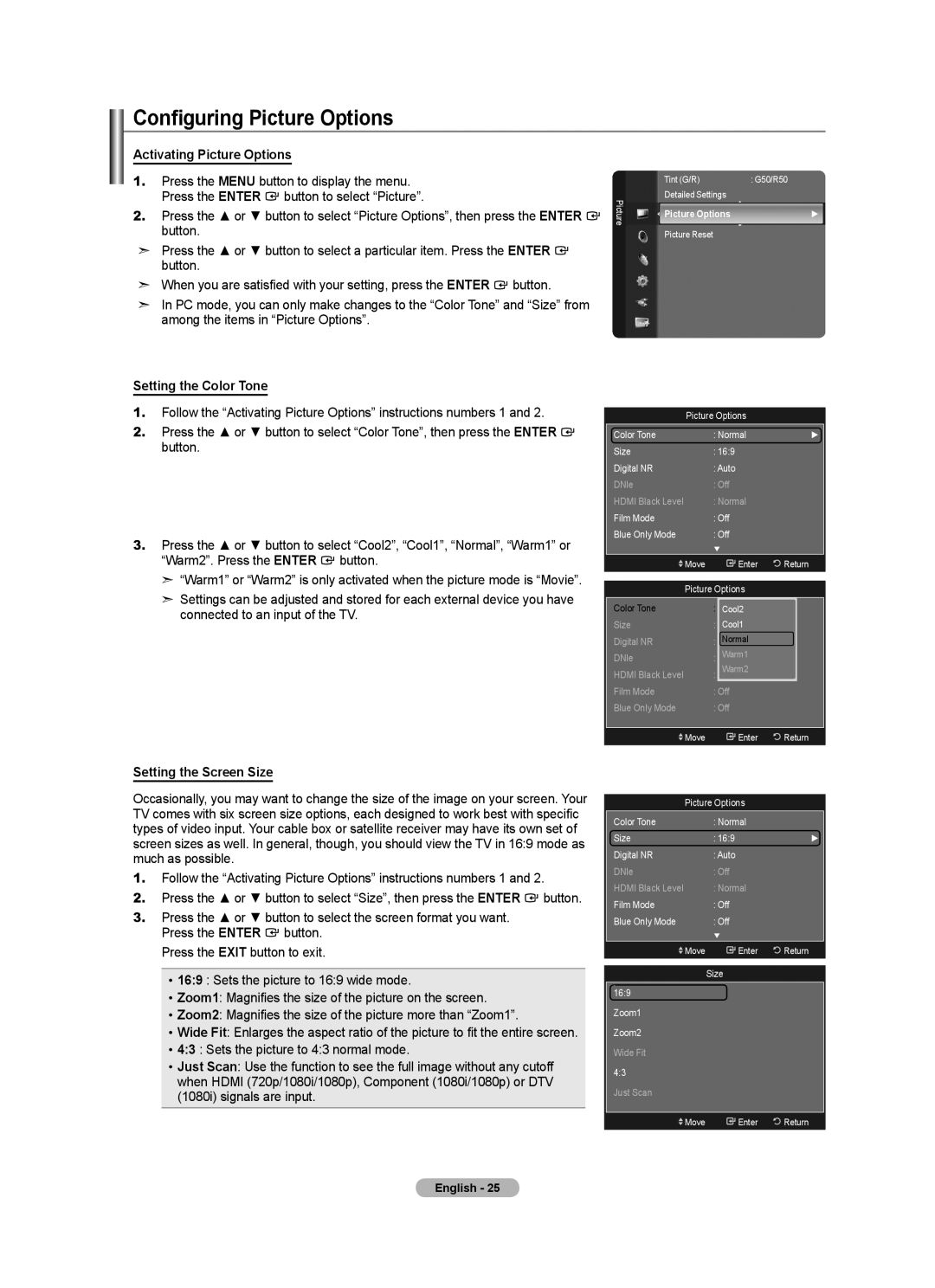 Samsung LN52A650A1F user manual Configuring Picture Options, Activating Picture Options, Setting the Color Tone 