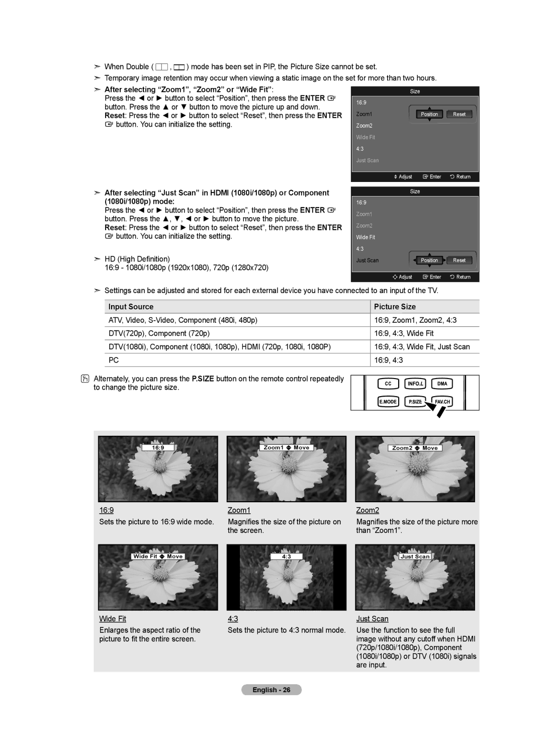 Samsung LN52A650A1F user manual Input Source Picture Size, To change the picture size, Wide Fit 