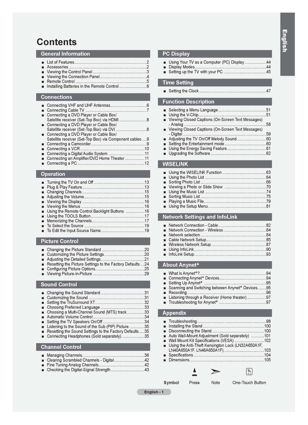 Samsung LN52A650A1F user manual Contents 