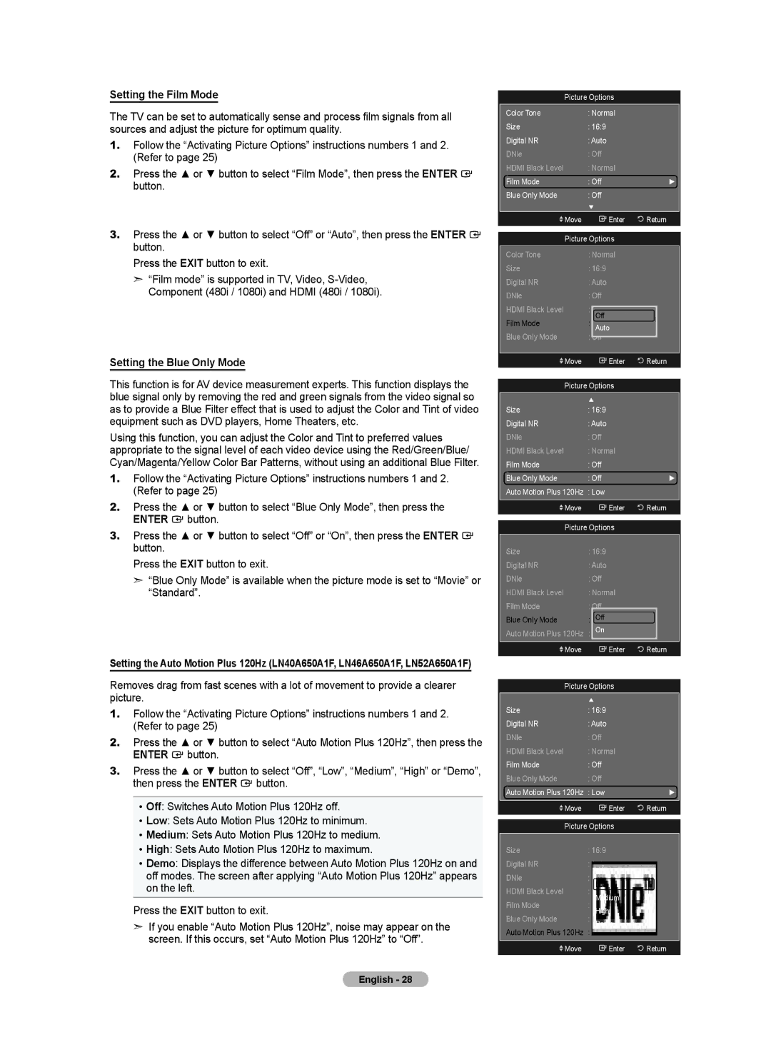 Samsung LN52A650A1F user manual Setting the Film Mode, Setting the Blue Only Mode, Demo 