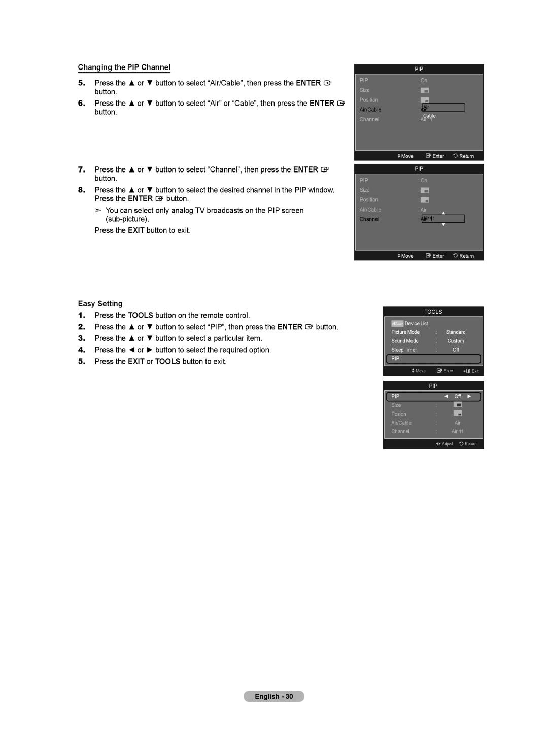 Samsung LN52A650A1F user manual Changing the PIP Channel, Easy Setting 