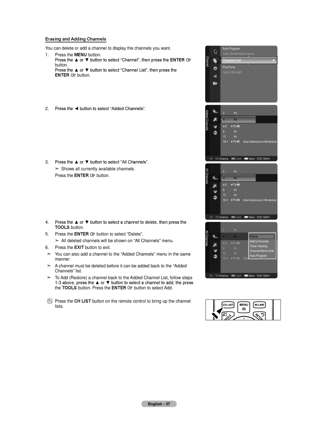 Samsung LN52A650A1F Erasing and Adding Channels, Air 13 Air TV #3 Alice’s Adventures in Wonderland, Timer Viewing 