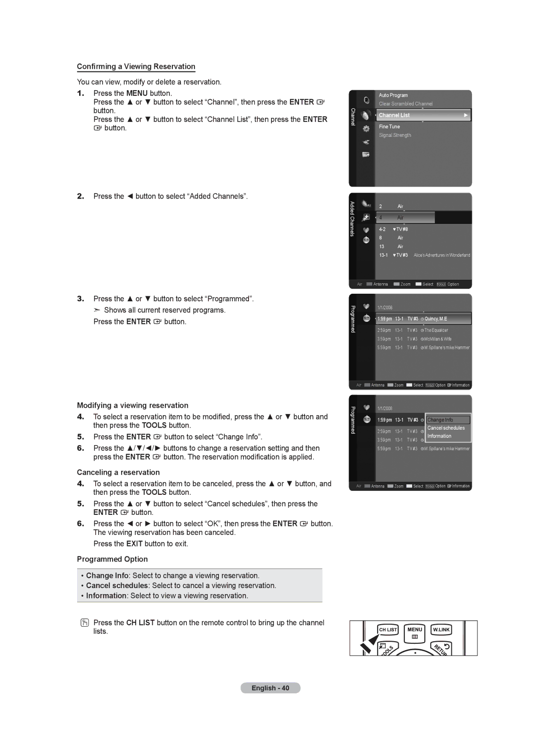 Samsung LN52A650A1F user manual Confirming a Viewing Reservation, Modifying a viewing reservation, Canceling a reservation 