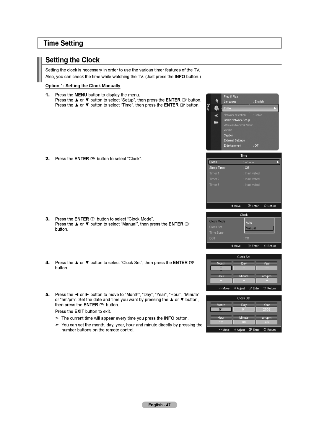 Samsung LN52A650A1F user manual Time Setting Setting the Clock, Option 1 Setting the Clock Manually 