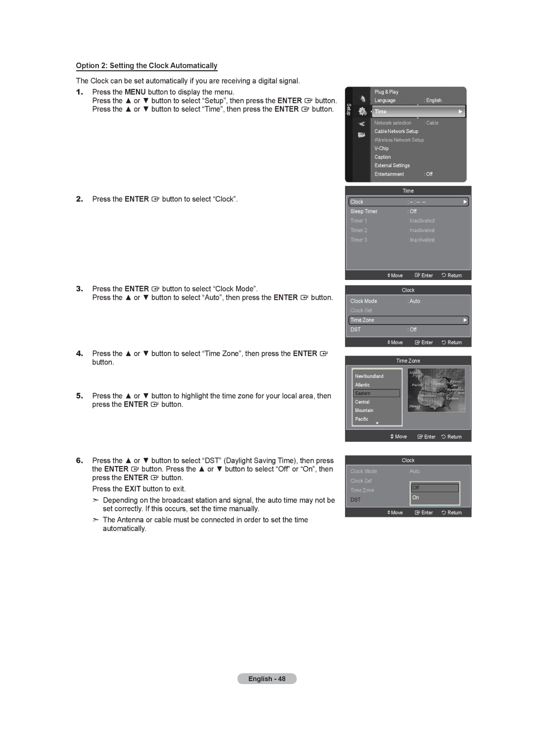 Samsung LN52A650A1F user manual Option 2 Setting the Clock Automatically, Setup Plug & Play Language English 