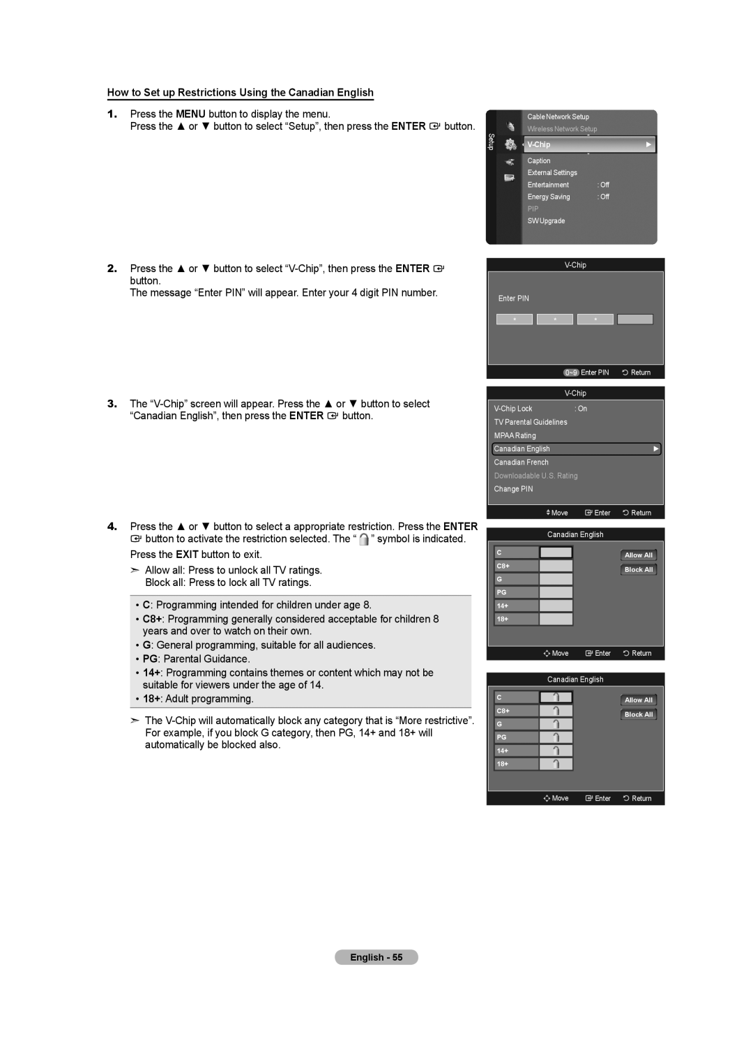 Samsung LN52A650A1F user manual How to Set up Restrictions Using the Canadian English, Canadian English Canadian French 