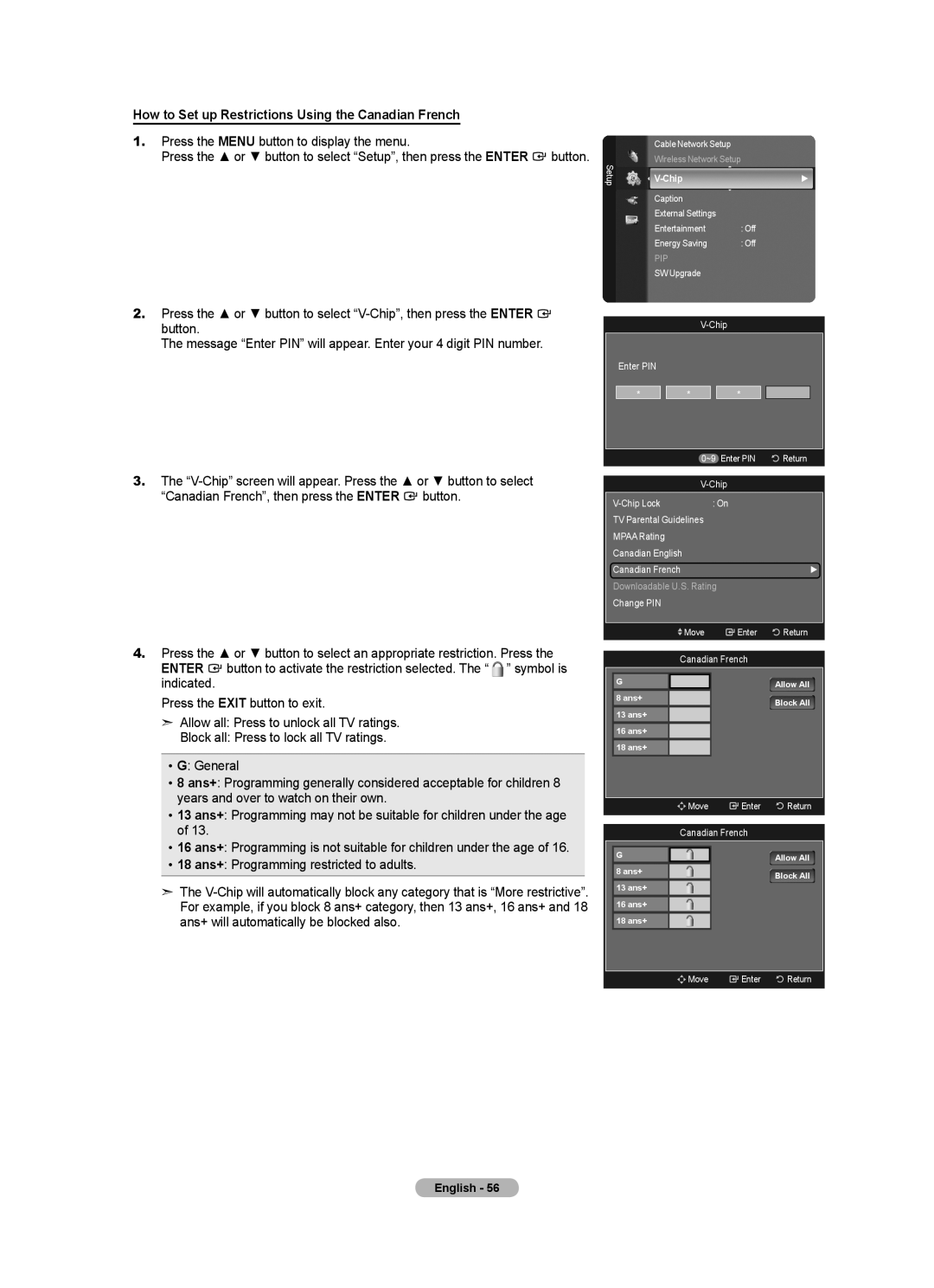 Samsung LN52A650A1F user manual How to Set up Restrictions Using the Canadian French, Enter PIN Return, Canadian English 