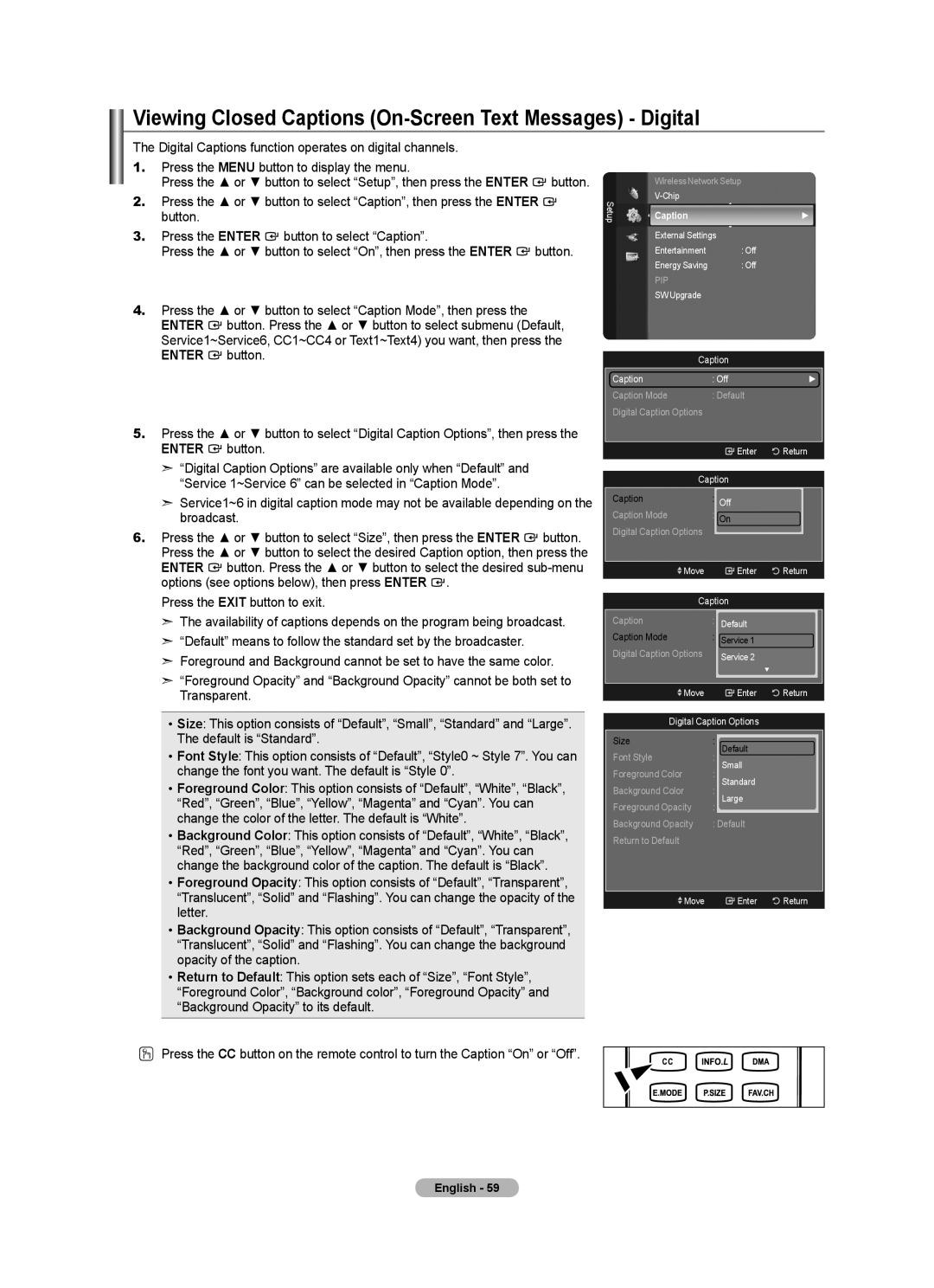 Samsung LN52A650A1F user manual Viewing Closed Captions On-Screen Text Messages Digital 