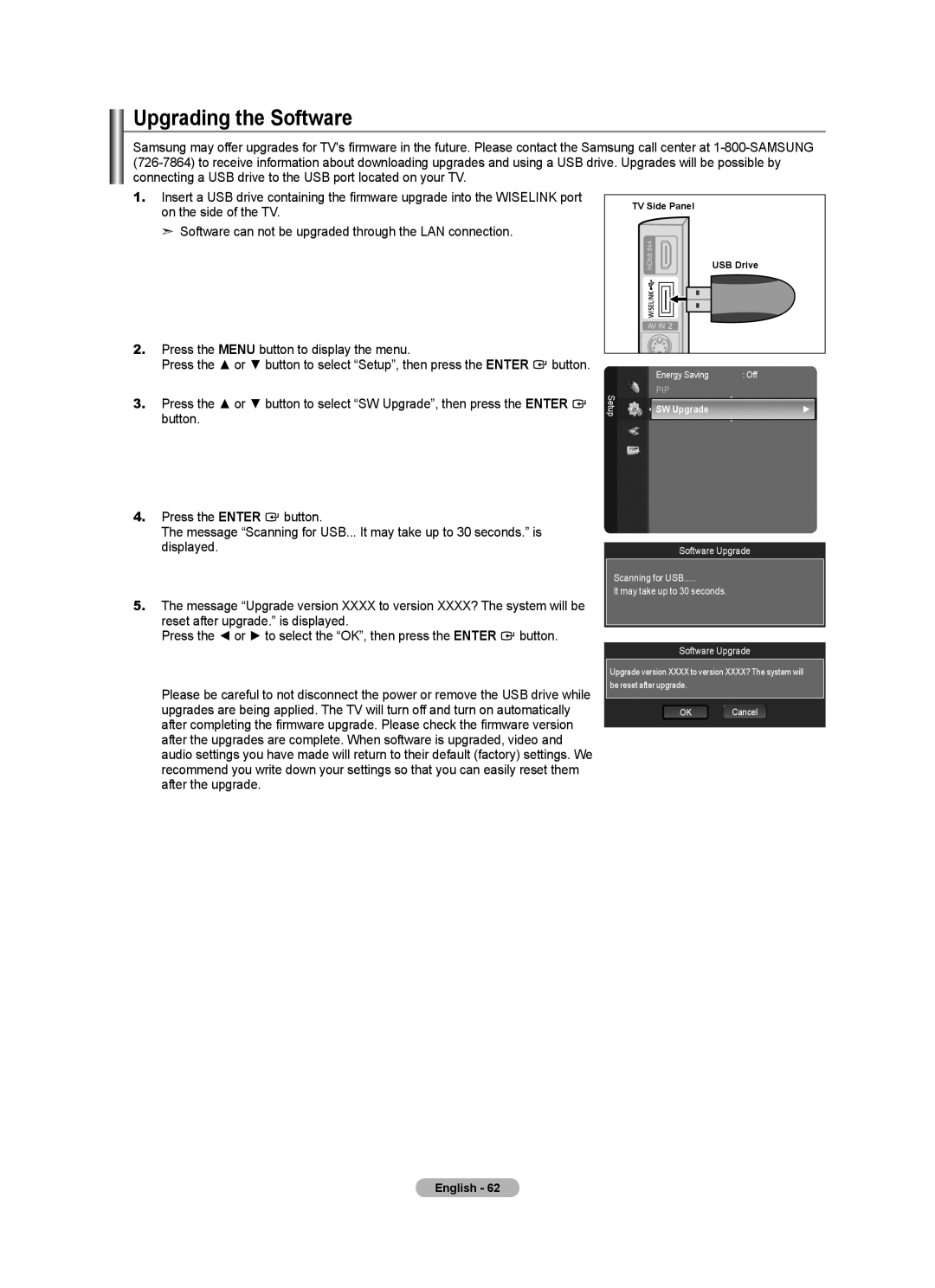 Samsung LN52A650A1F user manual Upgrading the Software, SW Upgrade, Energy Saving Off Setup 