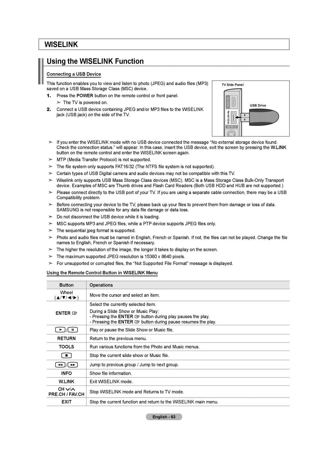 Samsung LN52A650A1F user manual Using the Wiselink Function, Connecting a USB Device 