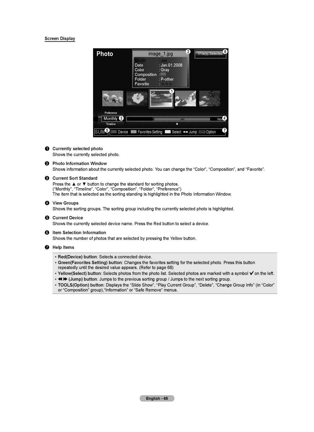 Samsung LN52A650A1F Screen Display, Currently selected photo, Photo Information Window, Current Sort Standard, View Groups 