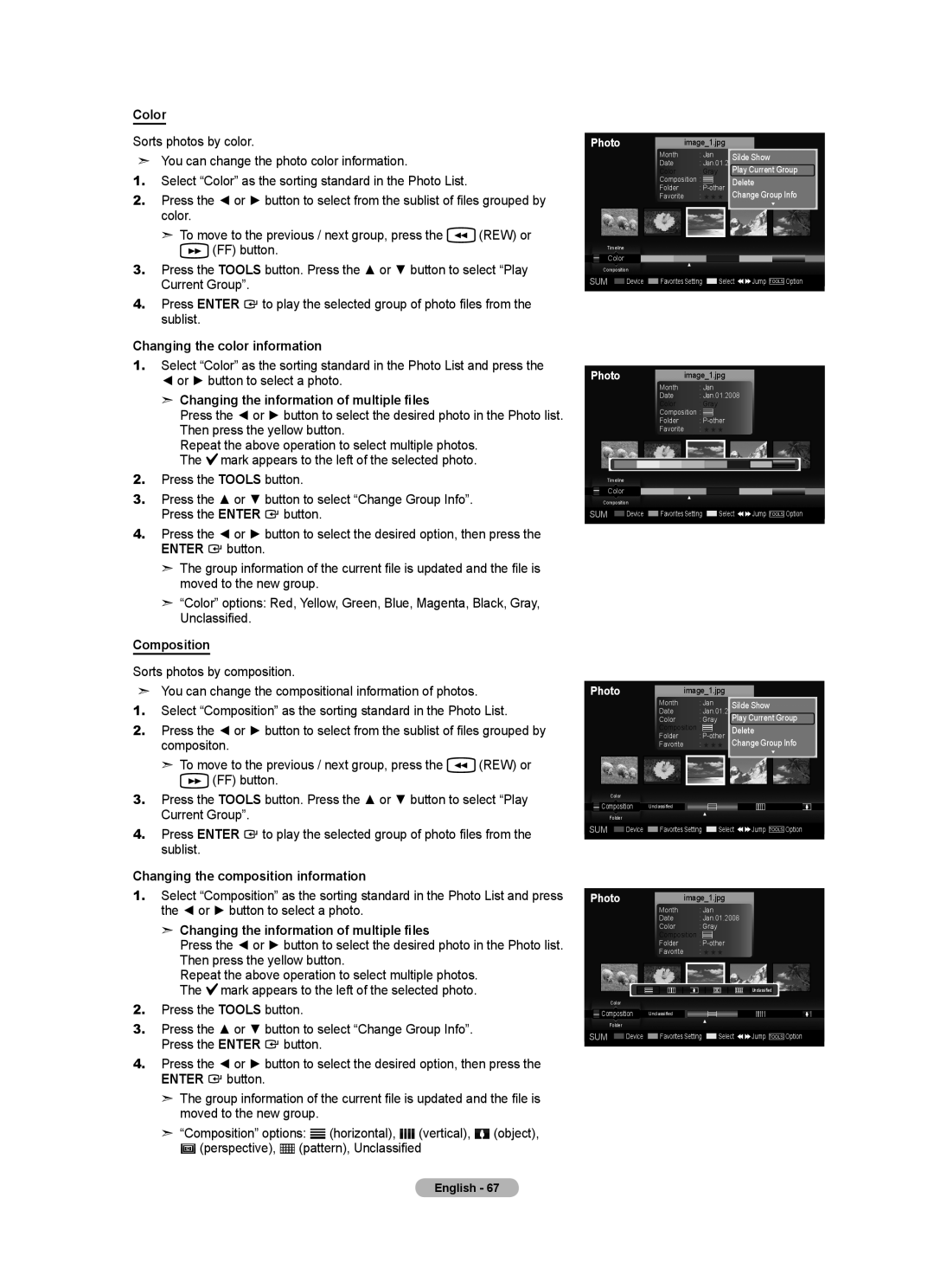 Samsung LN52A650A1F Color, Changing the color information, Changing the information of multiple files, Composition 