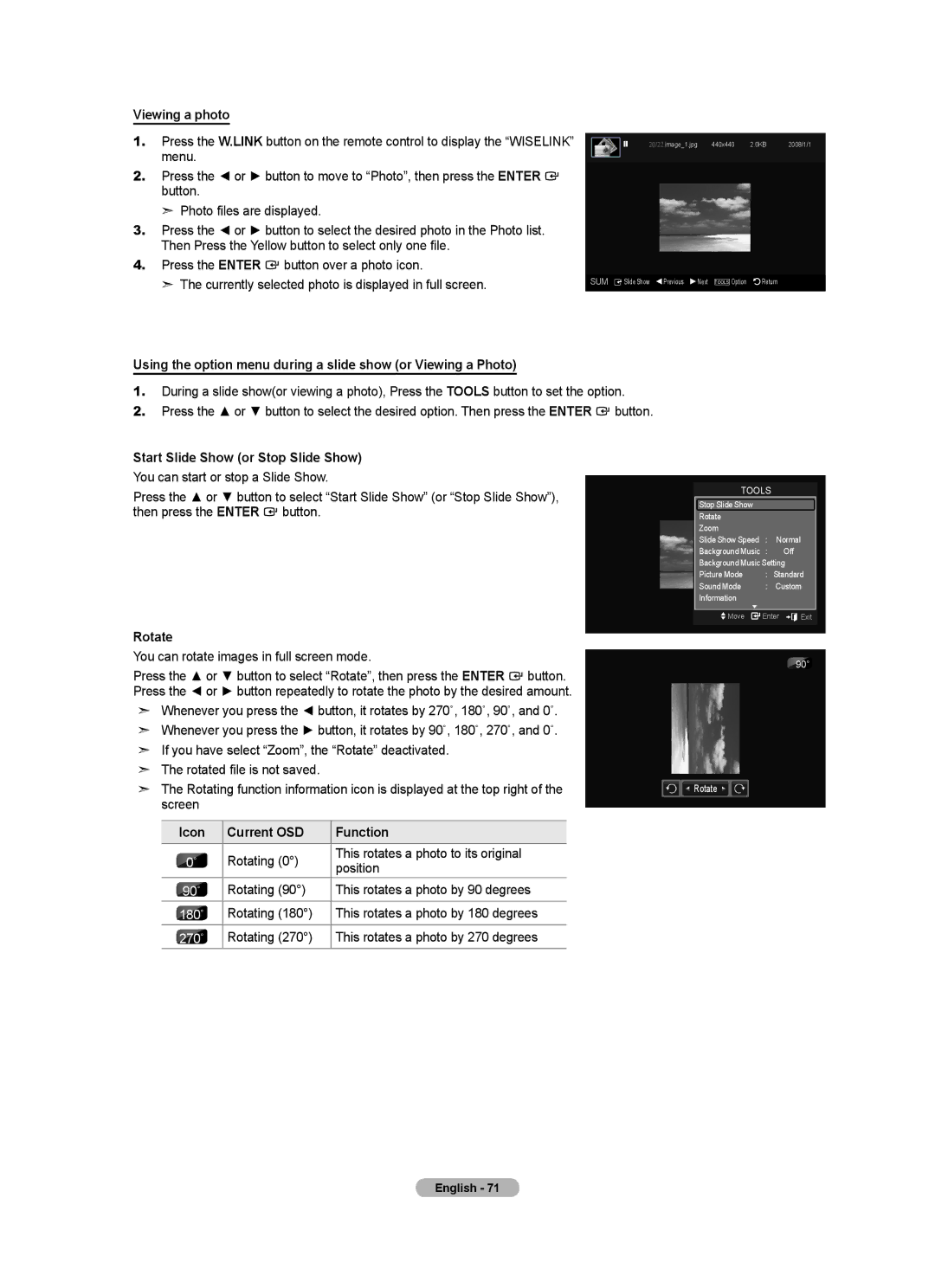 Samsung LN52A650A1F user manual Viewing a photo, Start Slide Show or Stop Slide Show, Rotate, Icon Current OSD Function 