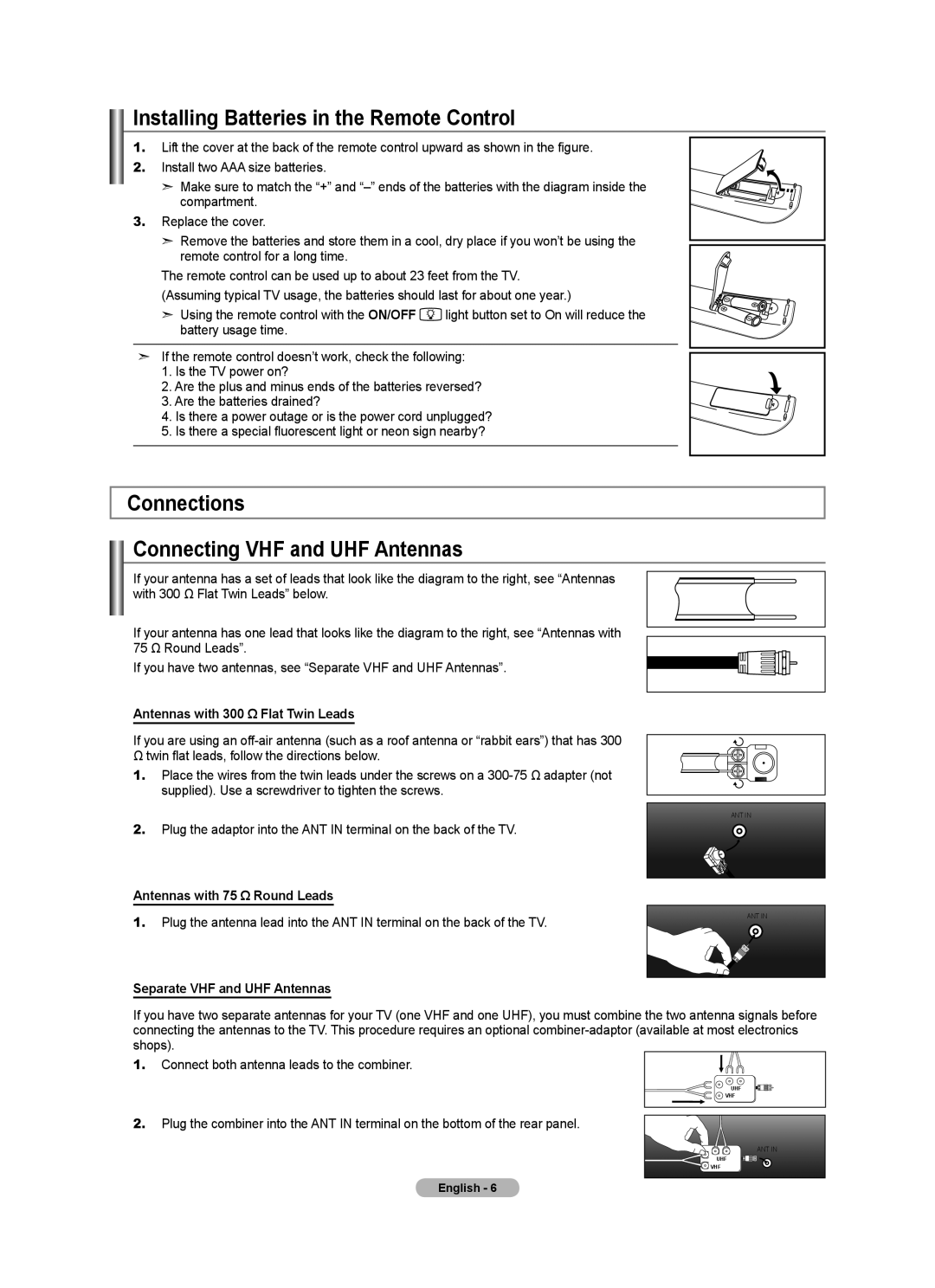 Samsung LN52A650A1F user manual Installing Batteries in the Remote Control, Connections Connecting VHF and UHF Antennas 