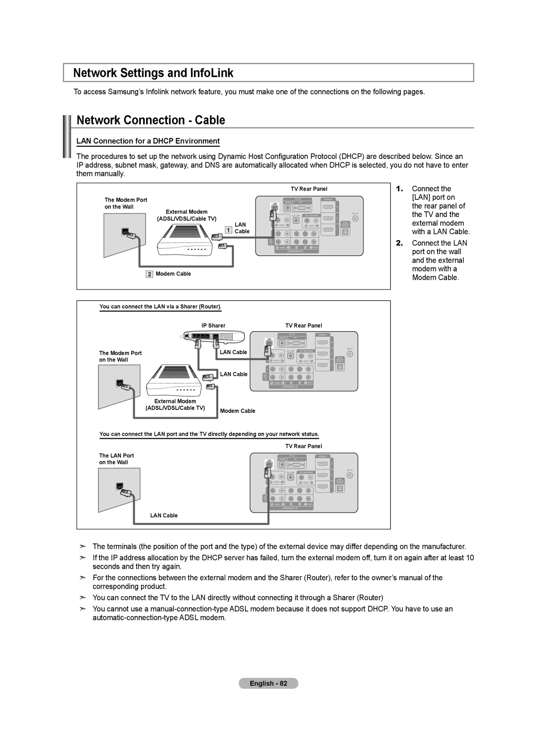 Samsung LN52A650A1F Network Settings and InfoLink, Network Connection Cable, LAN Connection for a Dhcp Environment 