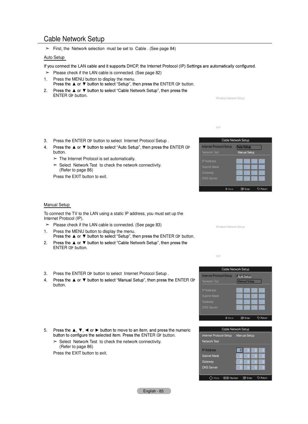 Samsung LN52A650A1F Cable Network Setup, First, the Network selection must be set to Cable. See, Auto Setup, Manual Setup 