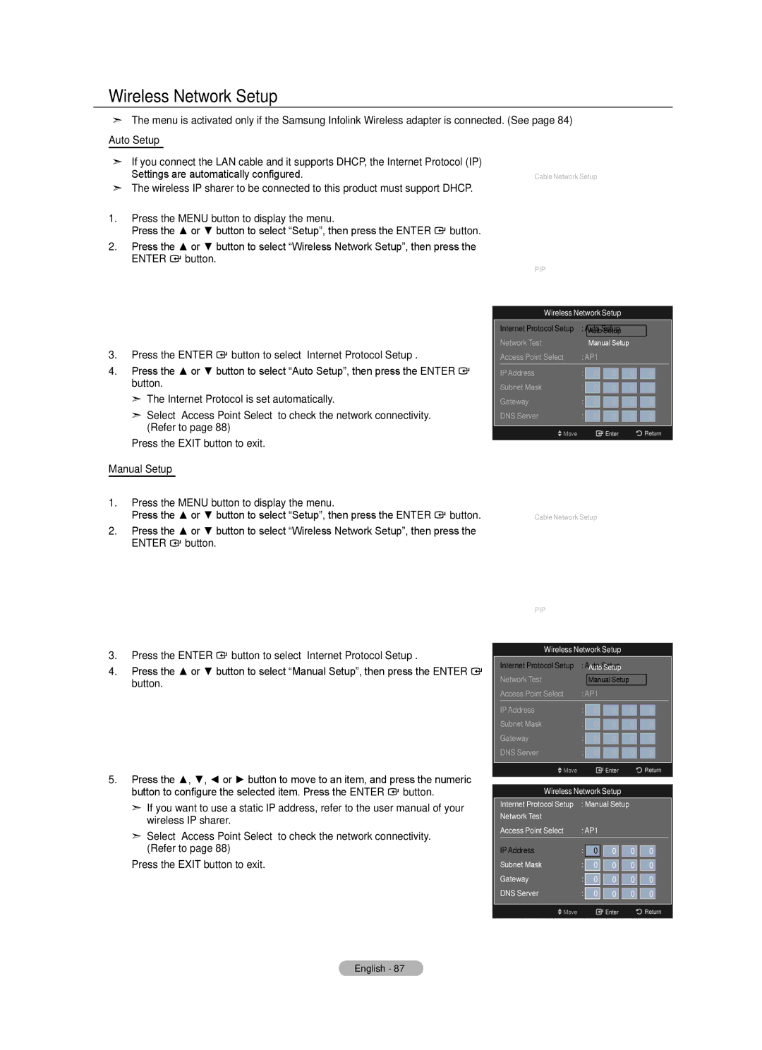 Samsung LN52A650A1F user manual Wireless Network Setup, Settings are automatically configured 