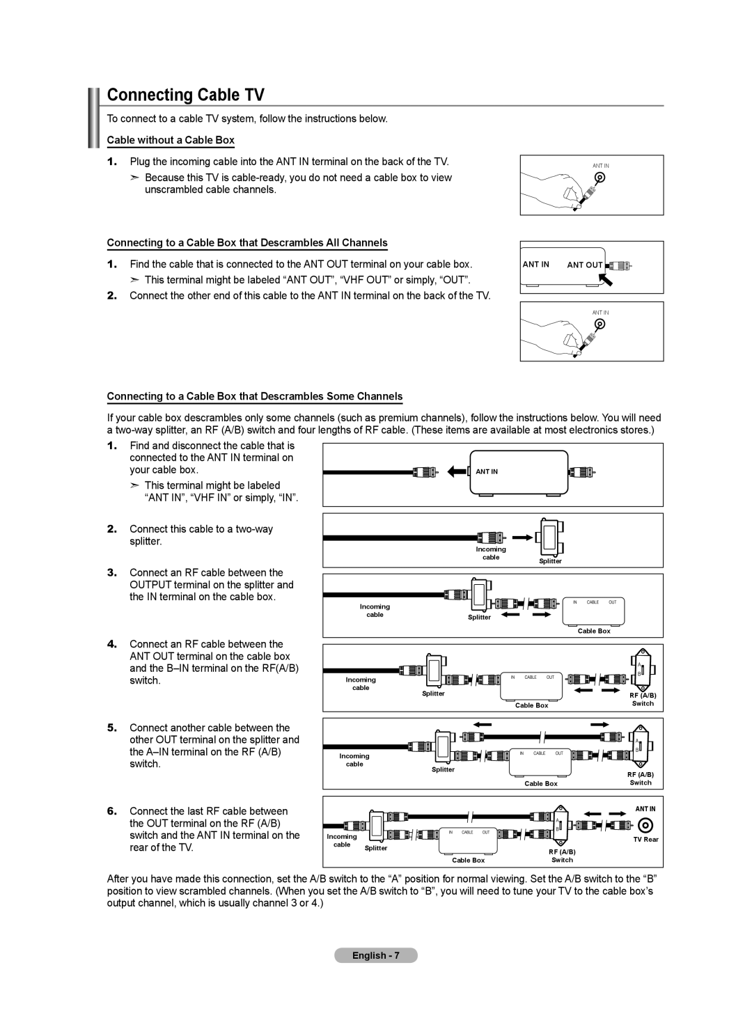 Samsung LN52A650A1F user manual Connecting Cable TV, Cable without a Cable Box, Connect this cable to a two-way splitter 