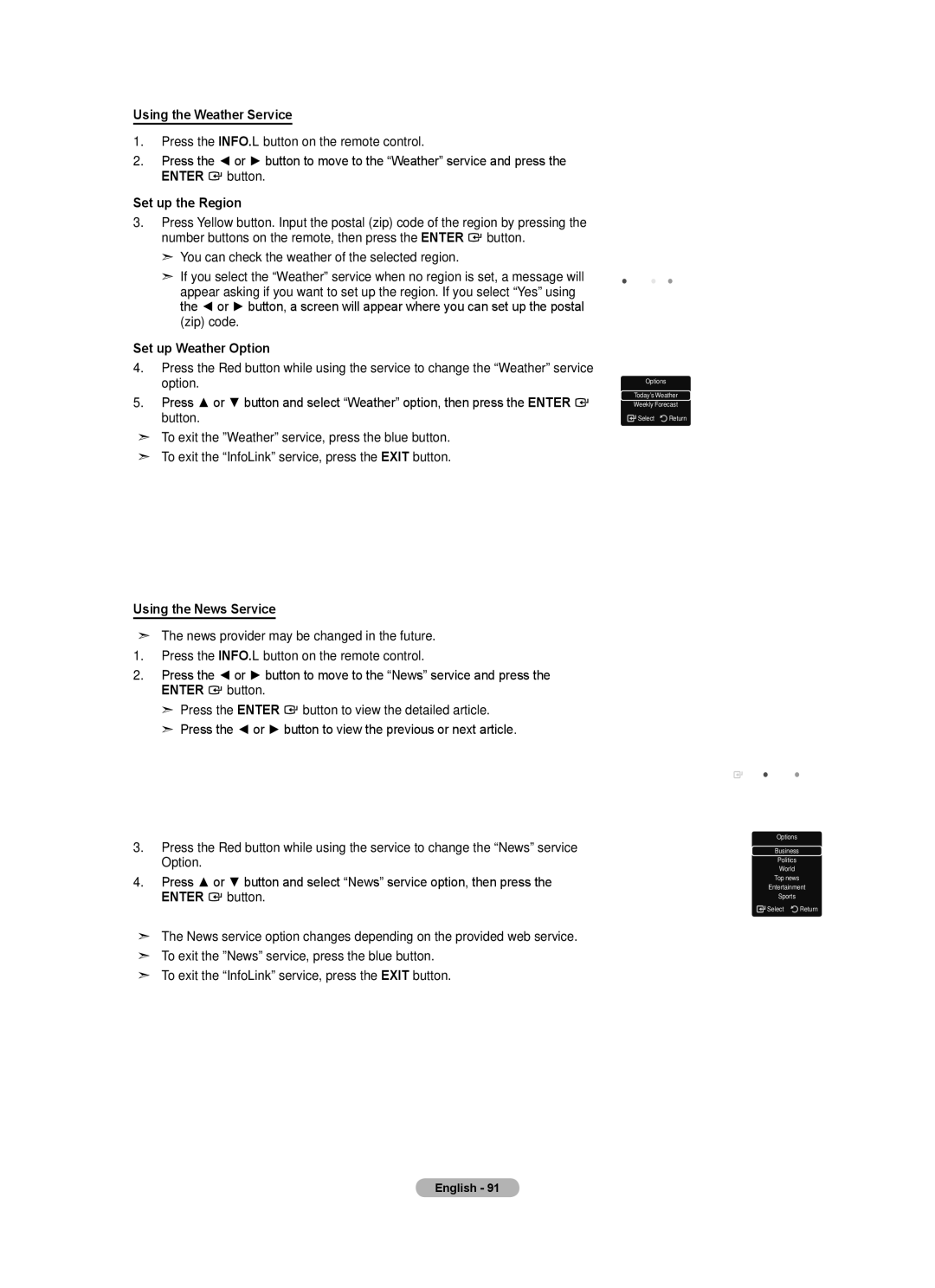 Samsung LN52A650A1F user manual Using the Weather Service, Set up the Region, Set up Weather Option, Using the News Service 