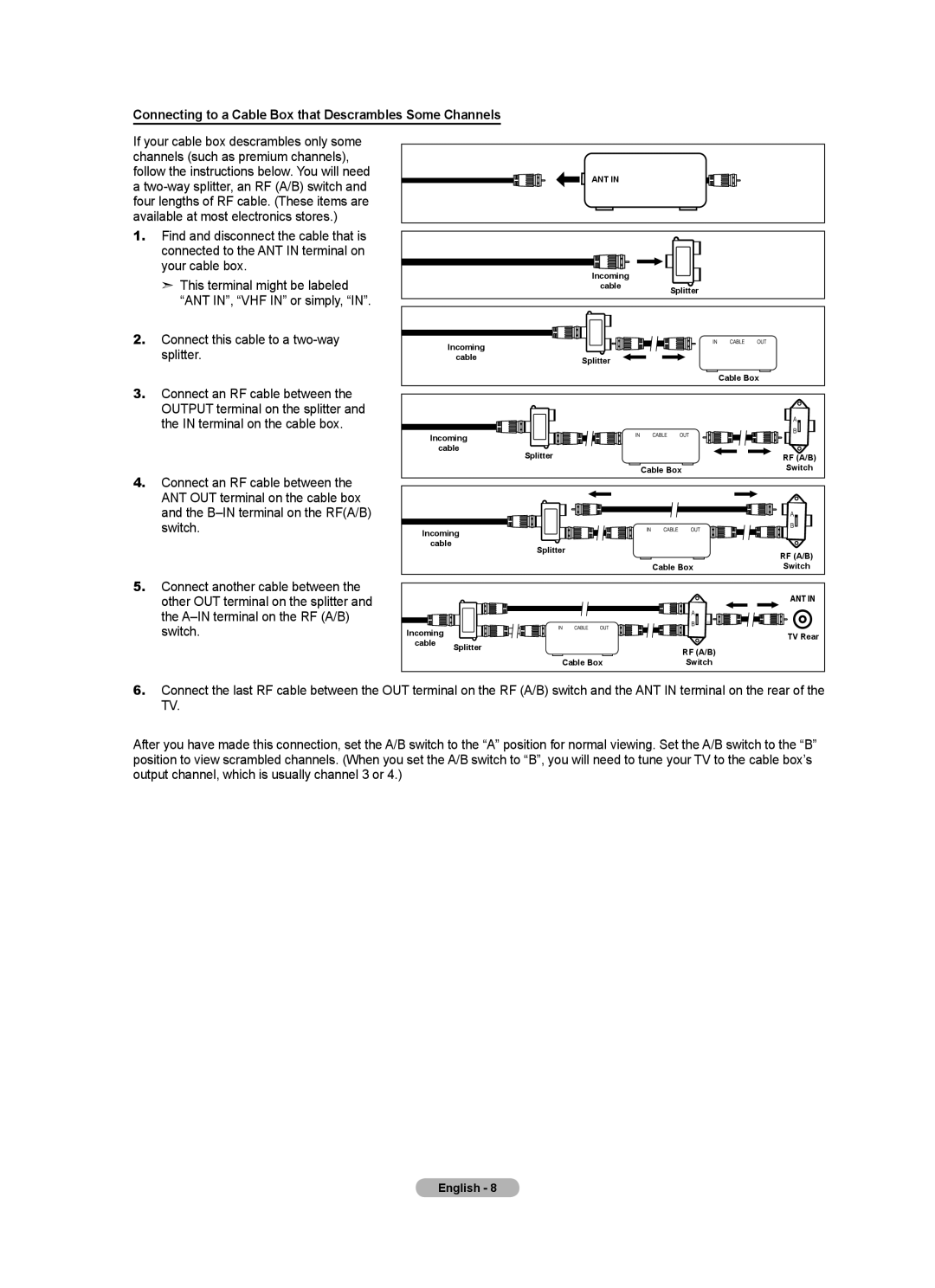Samsung LN46A750R1F Connecting to a Cable Box that Descrambles Some Channels, Two-way splitter, an RF A/B switch, Splitter 