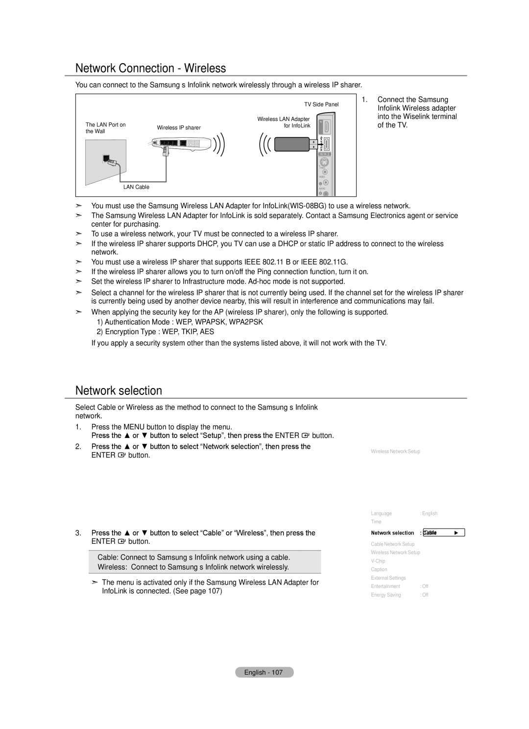 Samsung LN46A750R1F, LN52A750R1F, LN40A750R1F Network Connection Wireless, Connect the Samsung, Network selection Cable 