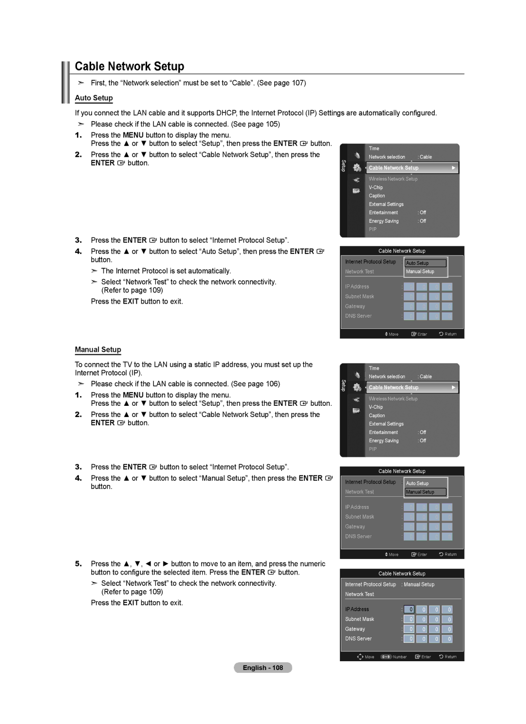 Samsung LN40A750R1F Cable Network Setup, First, the Network selection must be set to Cable. See, Auto Setup, Manual Setup 