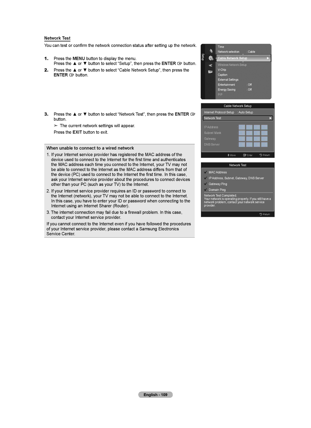 Samsung LN52A750R1F Network Test, When unable to connect to a wired network, Cable Network Setup Internet Protocol Setup 