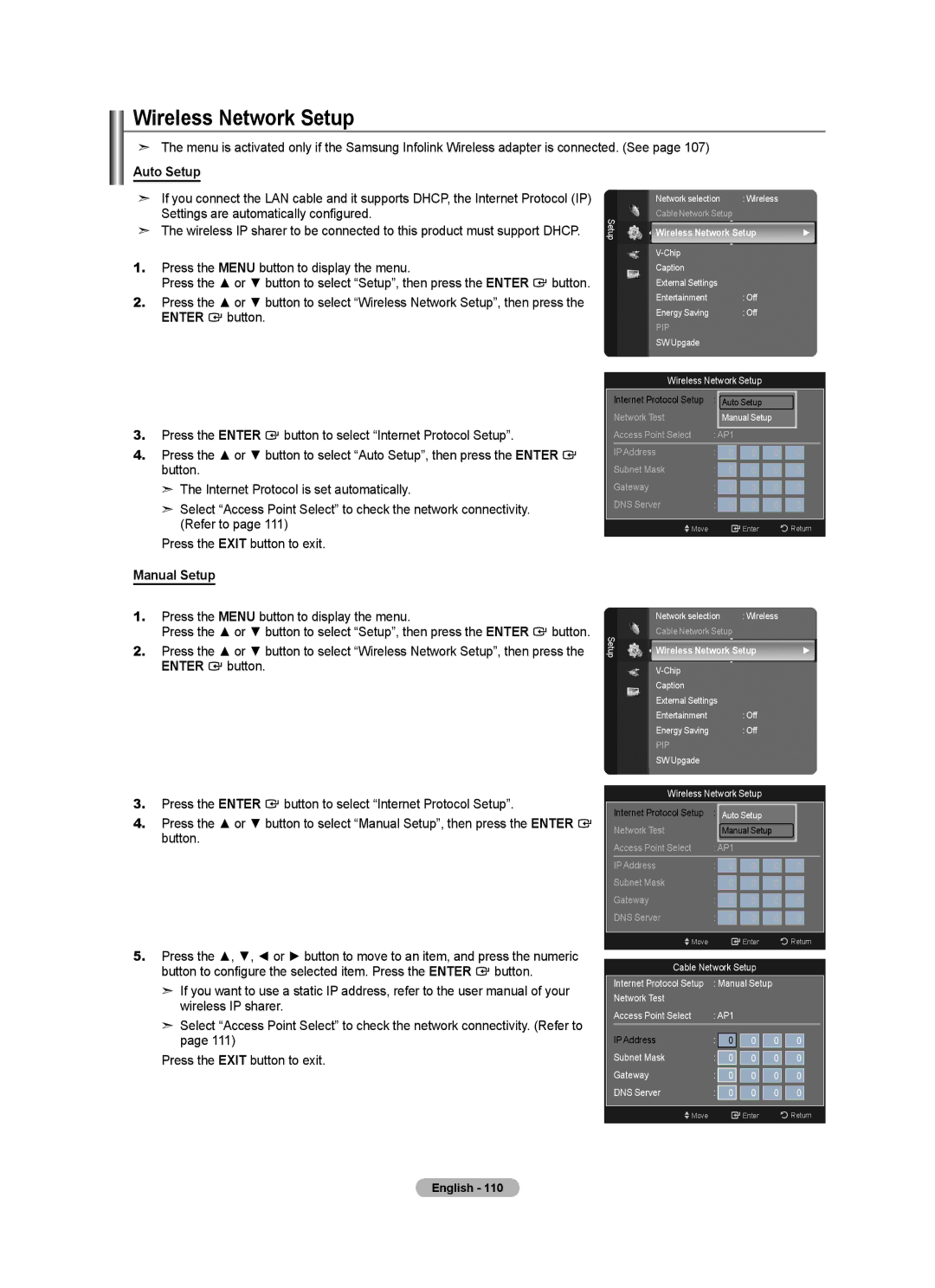 Samsung LN46A750R1F Wireless Network Setup, Settings are automatically configured, Network Test Access Point Select AP1 