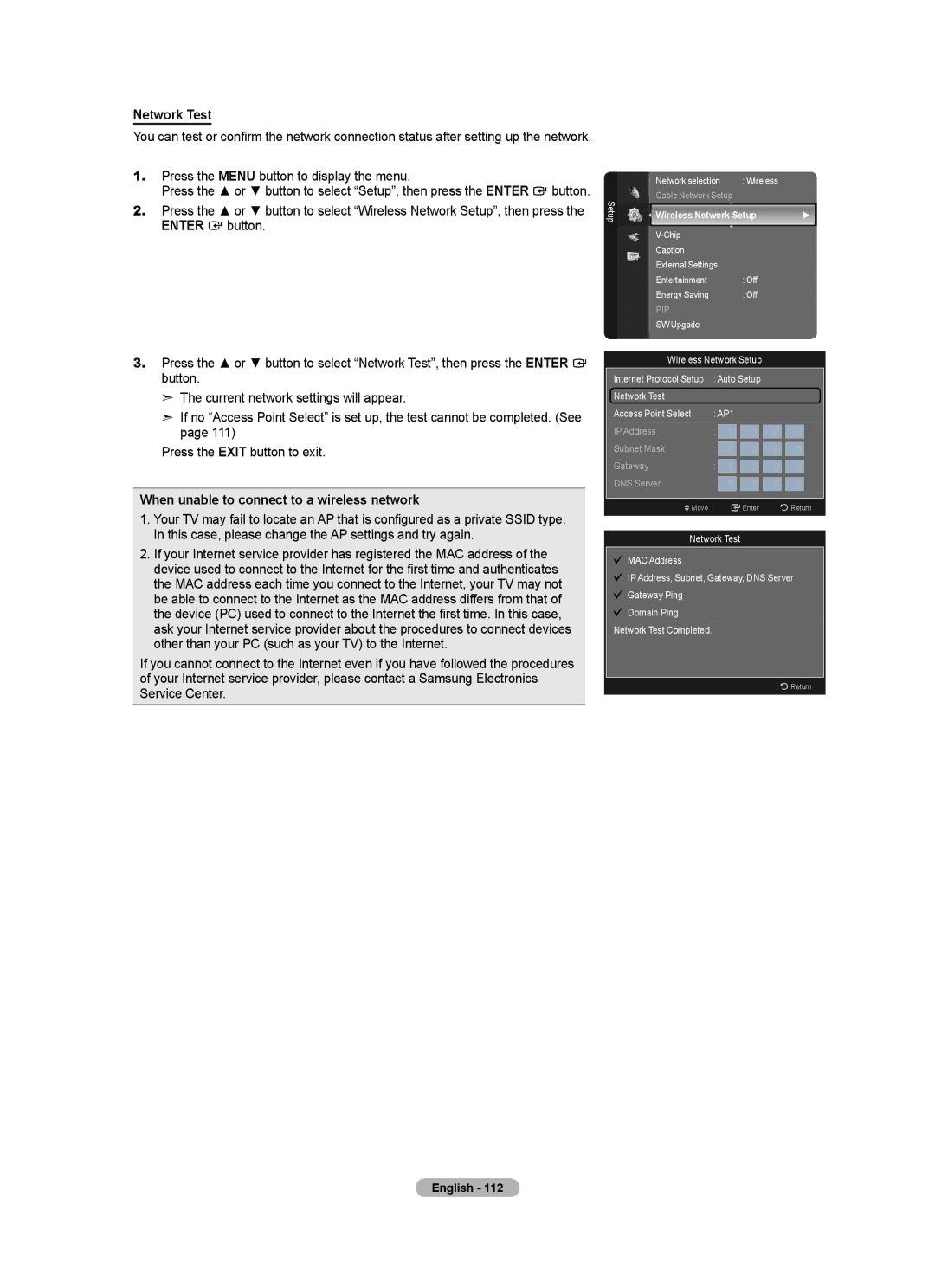 Samsung LN52A750R1F, LN46A750R1F, LN40A750R1F user manual Network Test, When unable to connect to a wireless network 