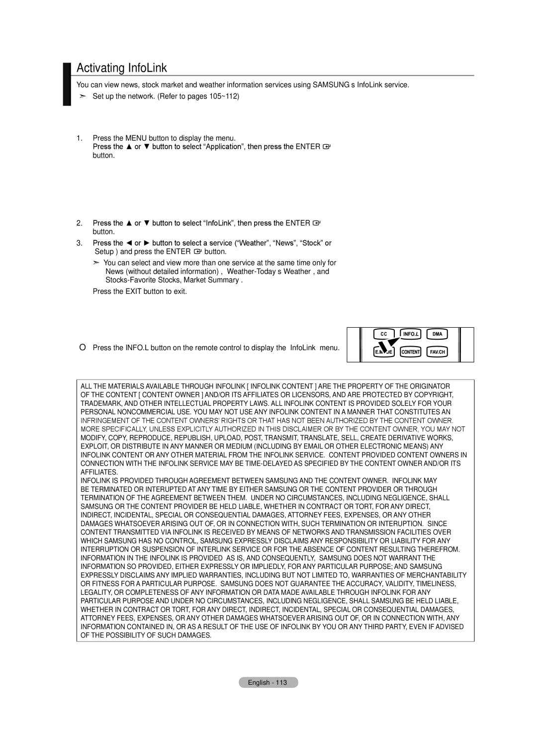 Samsung LN46A750R1F, LN52A750R1F, LN40A750R1F user manual Activating InfoLink 