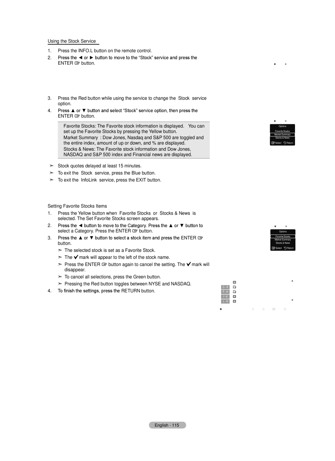 Samsung LN52A750R1F, LN46A750R1F, LN40A750R1F Using the Stock Service, Setting Favorite Stocks Items, Set Favorite Stocks 