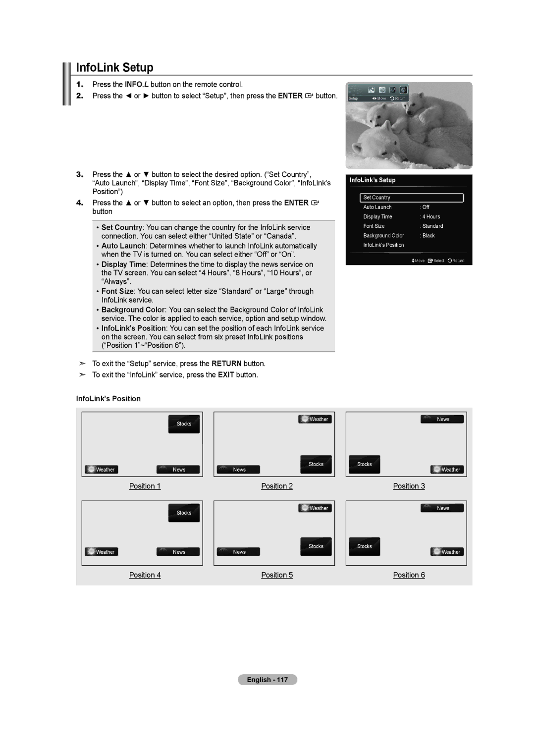 Samsung LN40A750R1F, LN52A750R1F, LN46A750R1F user manual InfoLink Setup, InfoLink’s Position, Stocks WeatherNews 