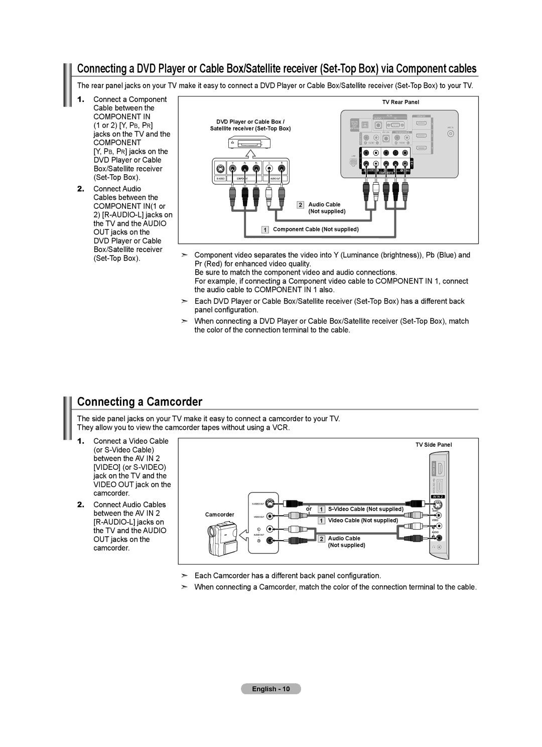 Samsung LN52A750R1F, LN46A750R1F, LN40A750R1F user manual Connecting a Camcorder, Connect Audio Cables, Between the AV 